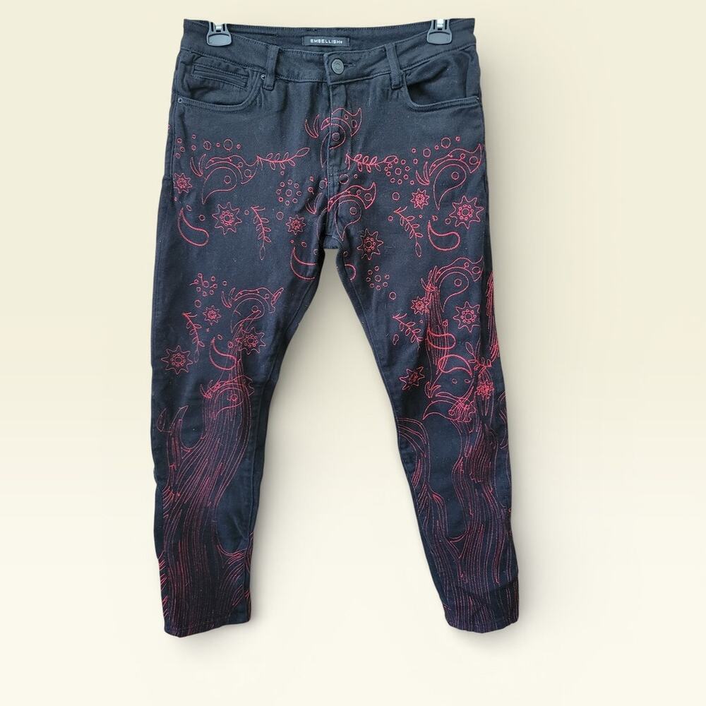 Embellish Mens Black Jeans Size 32 Red Paisley Embroidered Streetwear Skinny